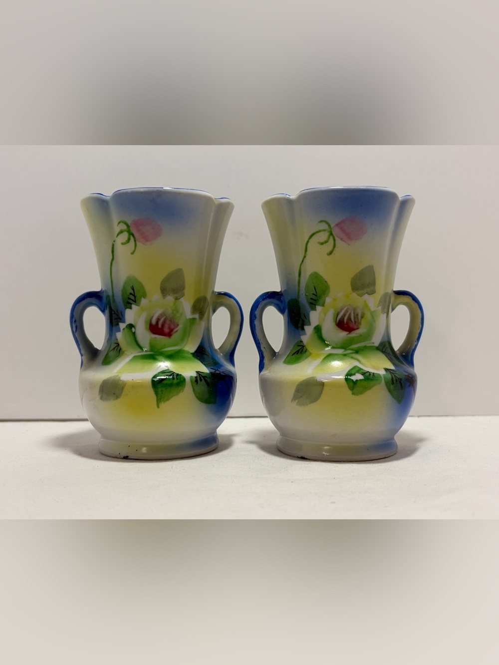 Vintage Hand Painted Double Handle Porcelain Bud Vases Made in Japan